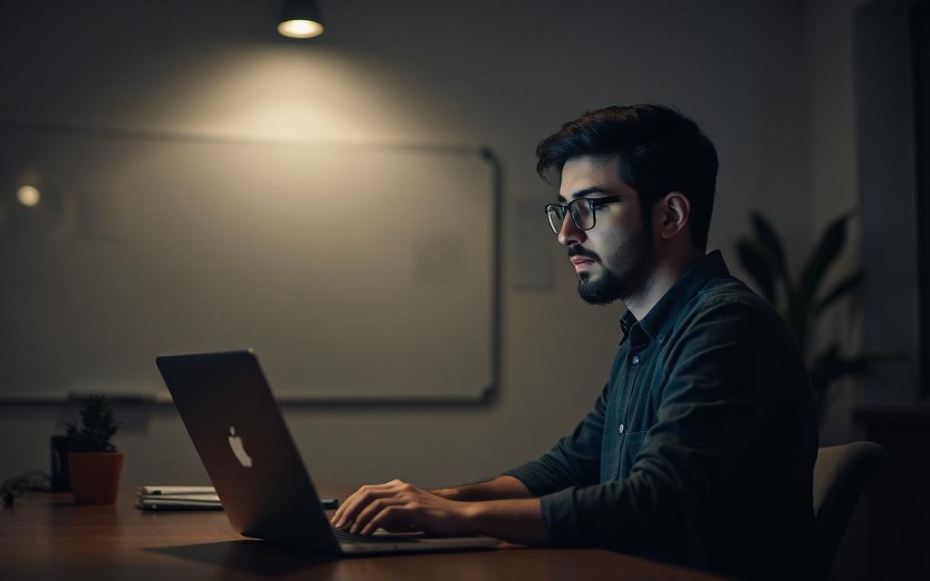 A founder working alone late at night in a co-working space