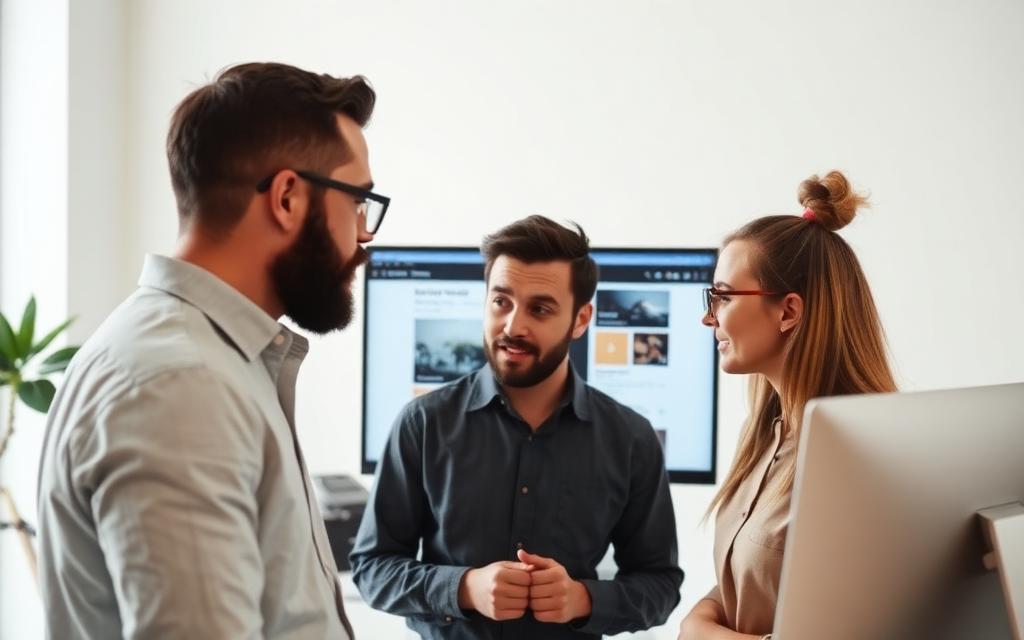 A small agency team reviewing a client website on a monitor