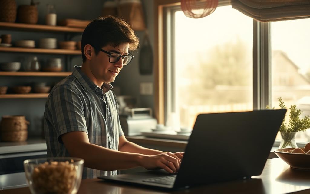 A small bakery owner working at a laptop behind the counter