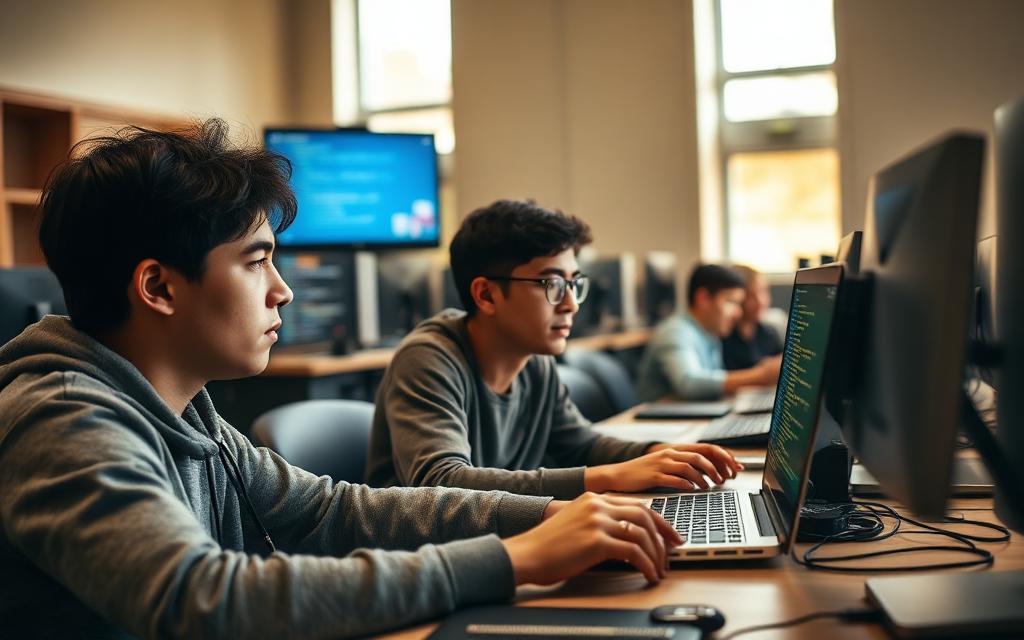 Two students working through code together in a university lab
